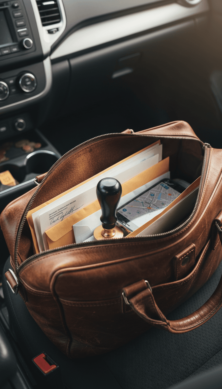 Notary work bag with stamp and phone on car seat