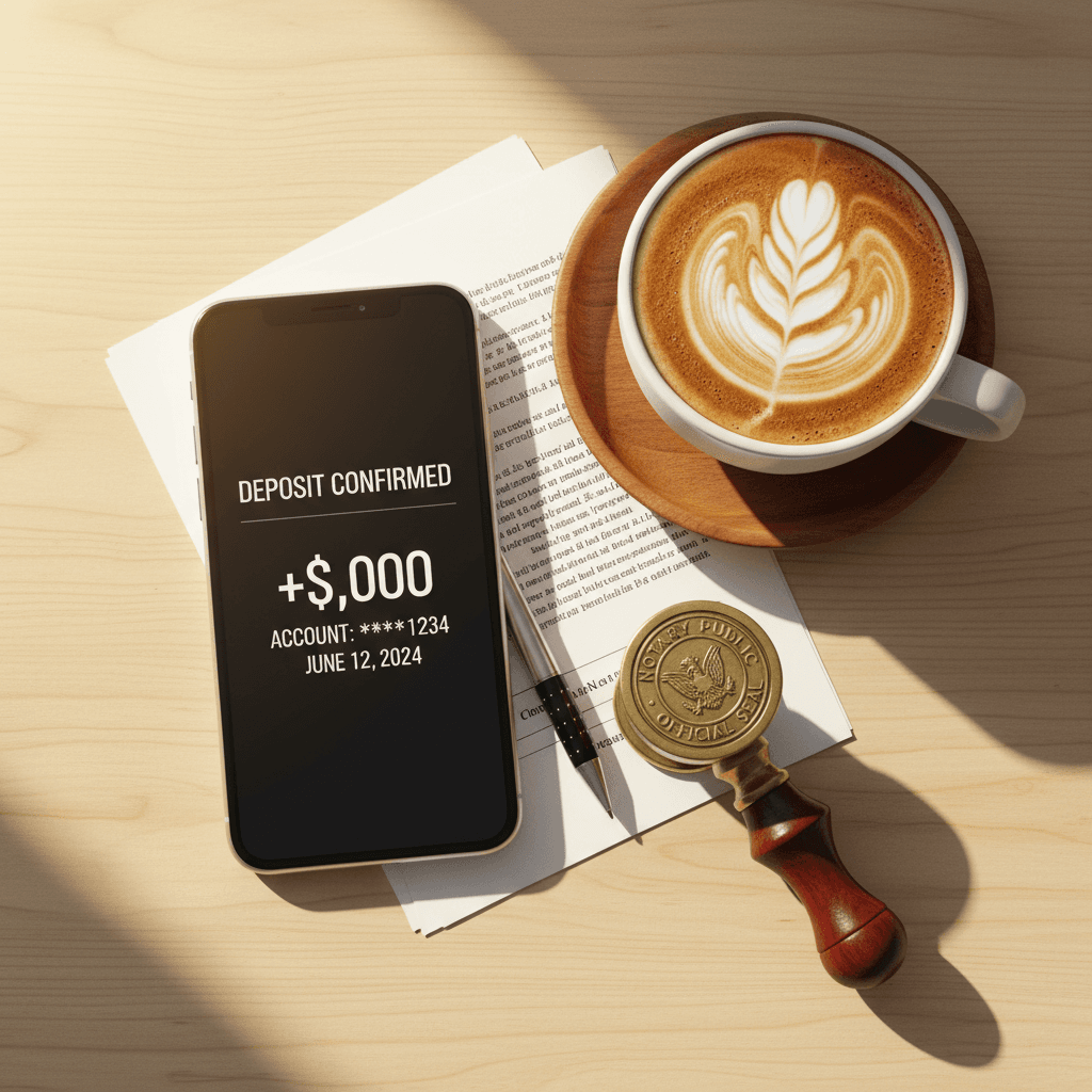 Bank deposit notification on a smartphone after a notary payment