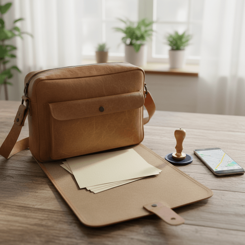 Mobile notary's bag containing only documents and a smartphone, no card reader