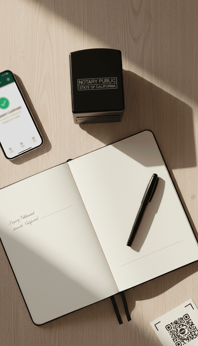 Notary workspace with smartphone, stamp, and notepad on wooden desk showing payment link