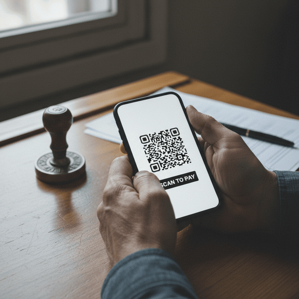Notary holding phone with payment QR code on screen