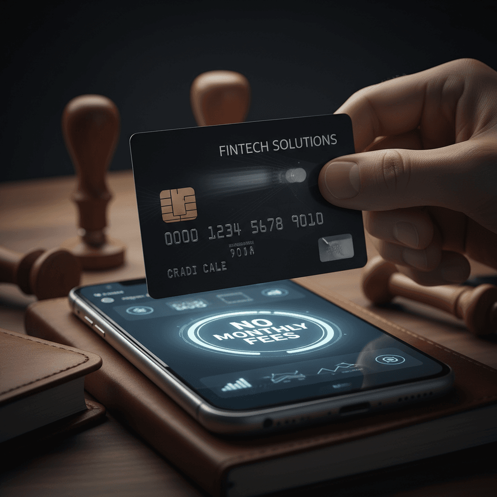 Credit card held above a smartphone showing no monthly fees